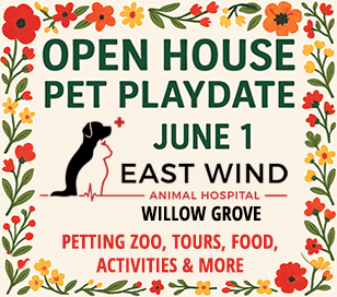 Join East Wind Animal Hospital for a fun-filled Open House Pet Playdate on Saturday, June 1st from 11 AM to 4 PM at their Willow Grove location! This free community event features a petting zoo, outdoor activities, hospital tours, concessions, and more. It's a perfect opportunity to meet the East Wind team, explore their state-of-the-art facility, and enjoy a playful afternoon with family and furry friends. Come celebrate the start of summer in a welcoming, pet-loving environment!