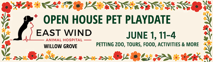Join East Wind Animal Hospital for a fun-filled Open House Pet Playdate on Saturday, June 1st from 11 AM to 4 PM at their Willow Grove location! This free community event features a petting zoo, outdoor activities, hospital tours, concessions, and more. It's a perfect opportunity to meet the East Wind team, explore their state-of-the-art facility, and enjoy a playful afternoon with family and furry friends. Come celebrate the start of summer in a welcoming, pet-loving environment!